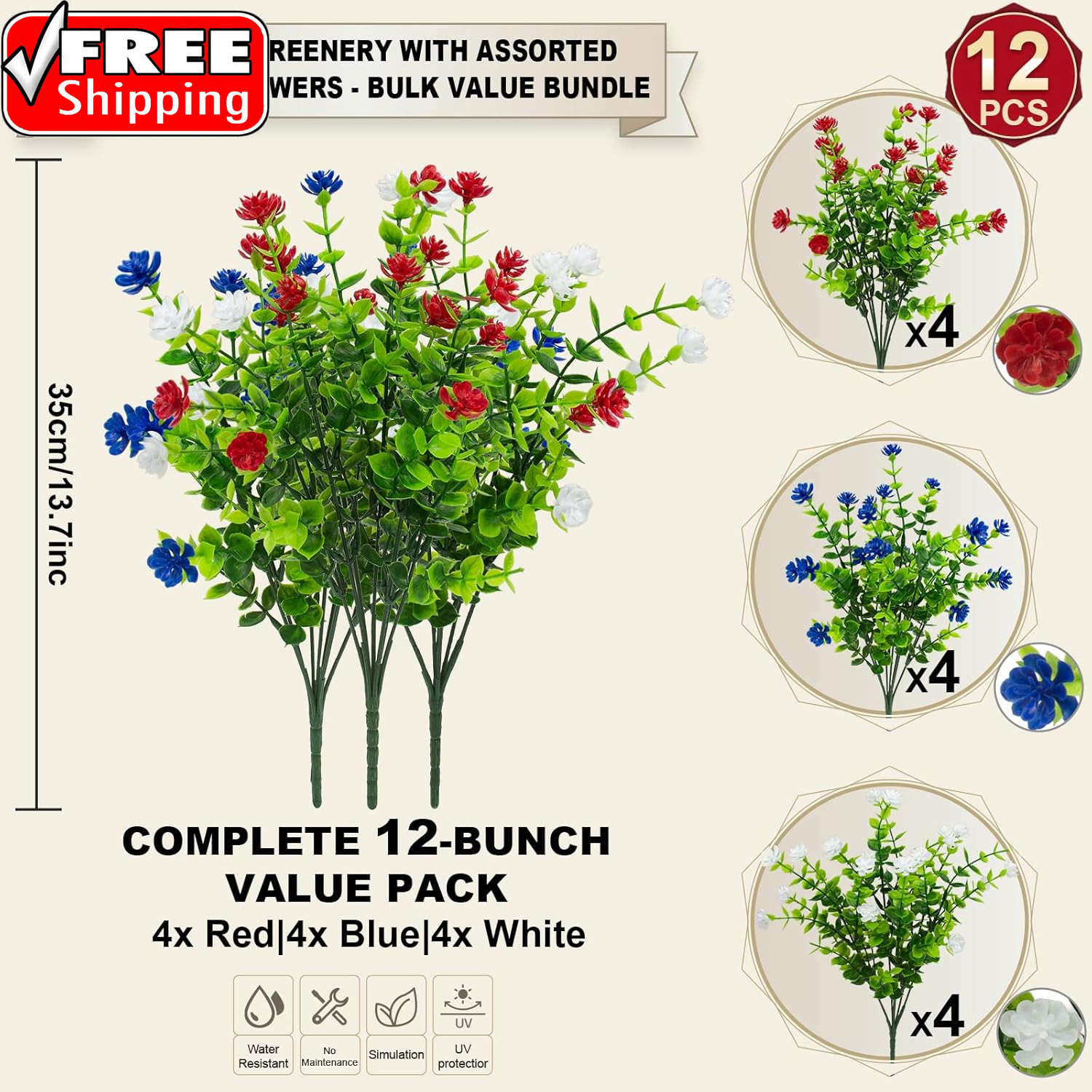 12 Pcs Artificial Flowers Outdoor, Faux Artificial Plants UV Resistant Plastic P