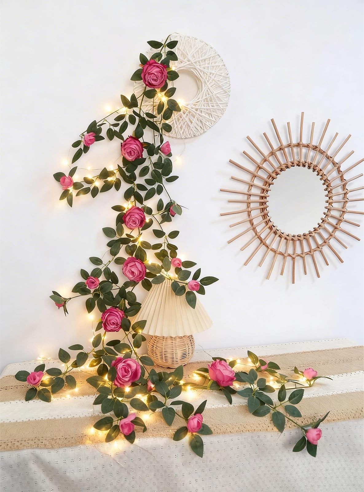 6FT Bendable Flower Garland with String Lights, Artificial Rose Garland Silk …