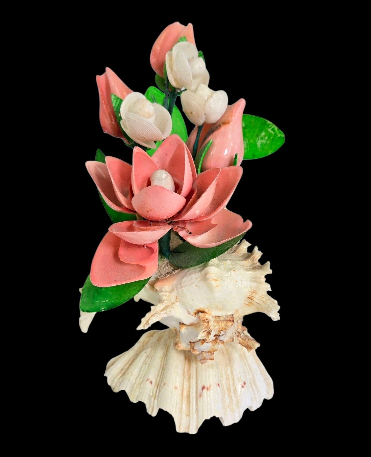Vintage Seashell Flower Arrangement Pink Green Bouquet Decor Tropical Cottage