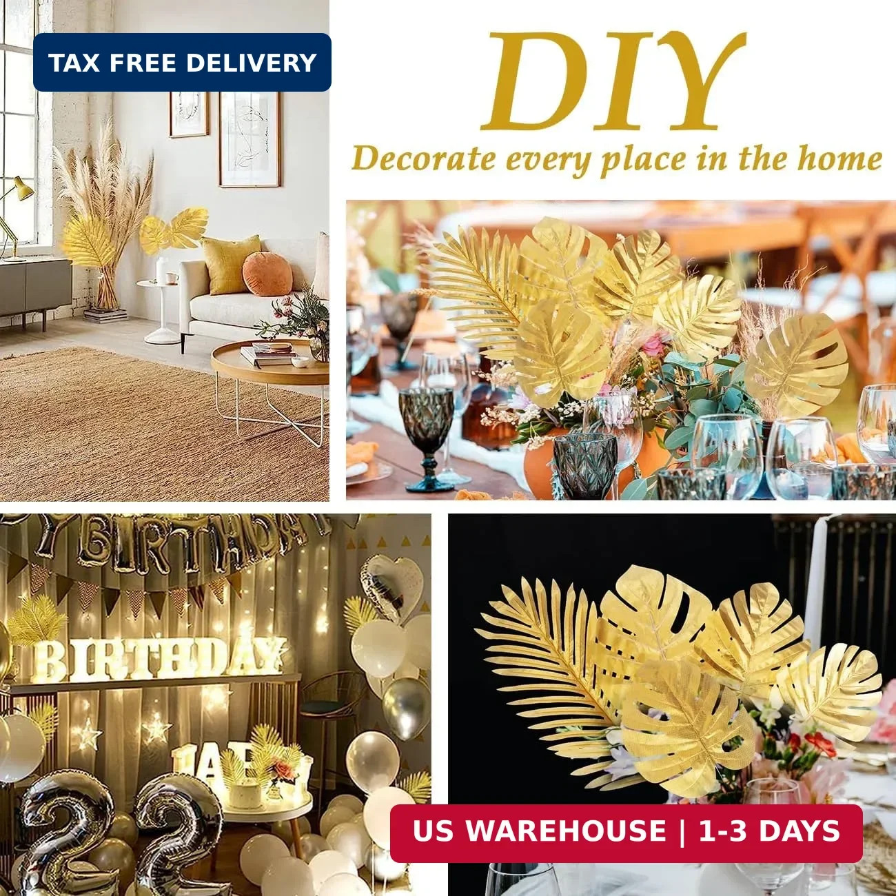 12 Pieces Artificial Palm Leaves, Golden Faux Tropical Monstera Leaves for Safar