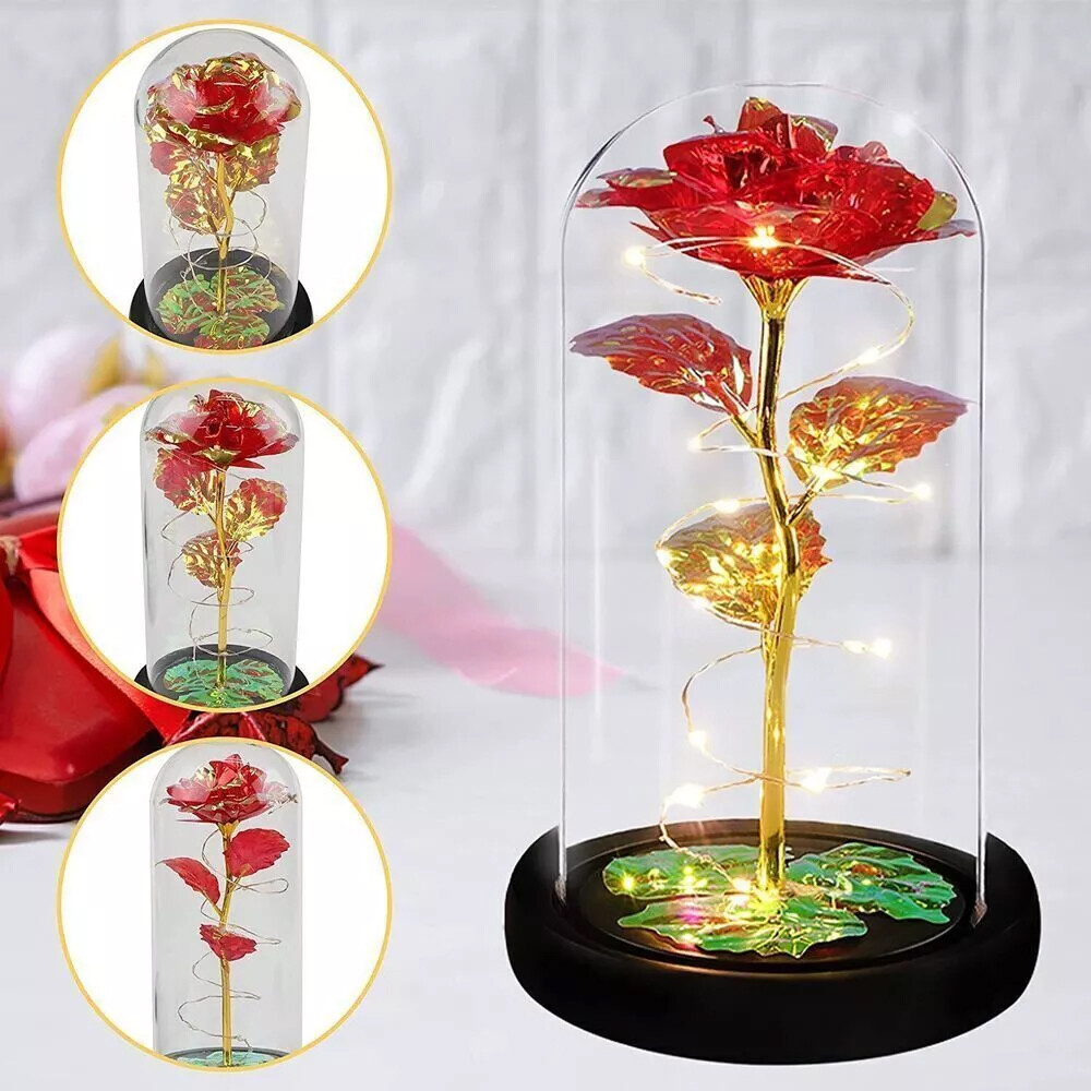 Enchanted Forever Rose Flower In Glass Dome LED Light Valentine’s Day Gift Decor