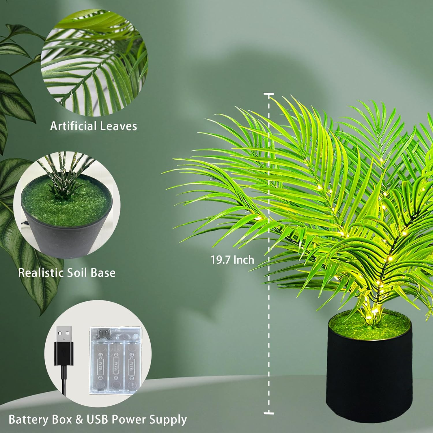 20” LED Areca Palm Tree Faux Plant with Lights – USB & Battery Box Powered – Ar