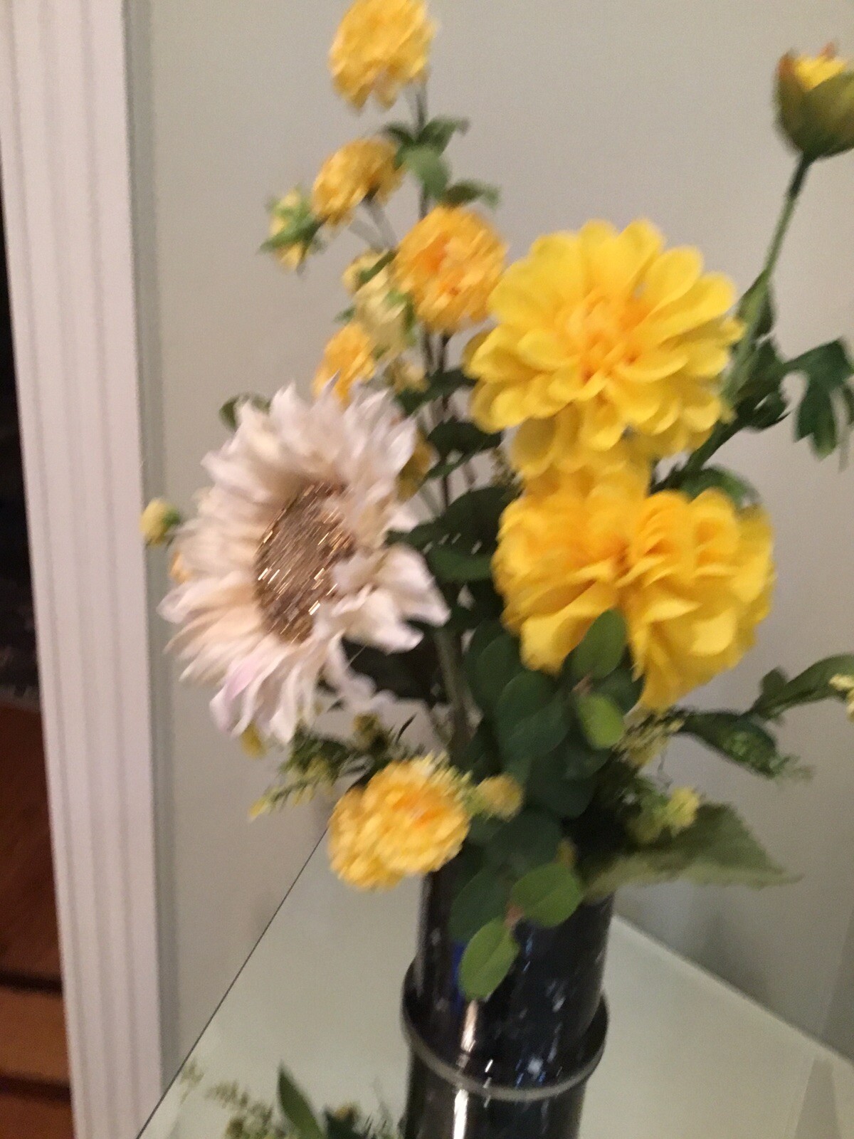 New Handmade Floral arrangement in vase Yellow and White Sunflower