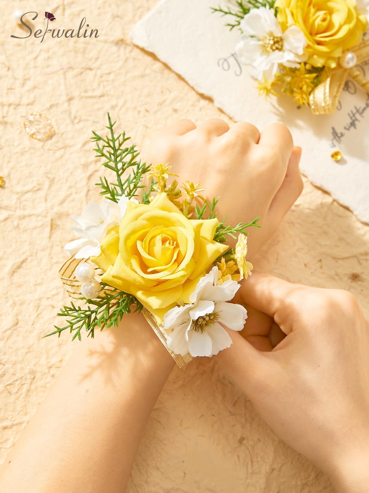 Yellow Rose Corsage and Boutonniere Set, Artificial Silk Rose Wrist Corsage W