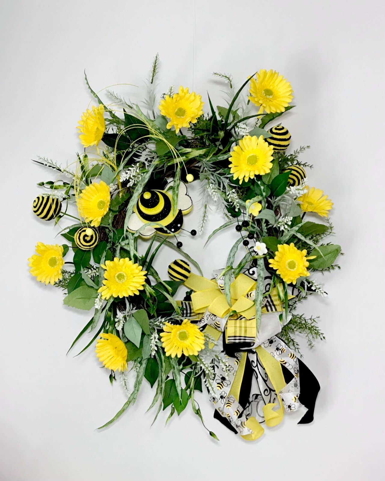 LARGE BRIGHT SPRING SUMMER BEE GRAPEVINE DOOR WREATH YELLOW FLORAL DECOR GIFT