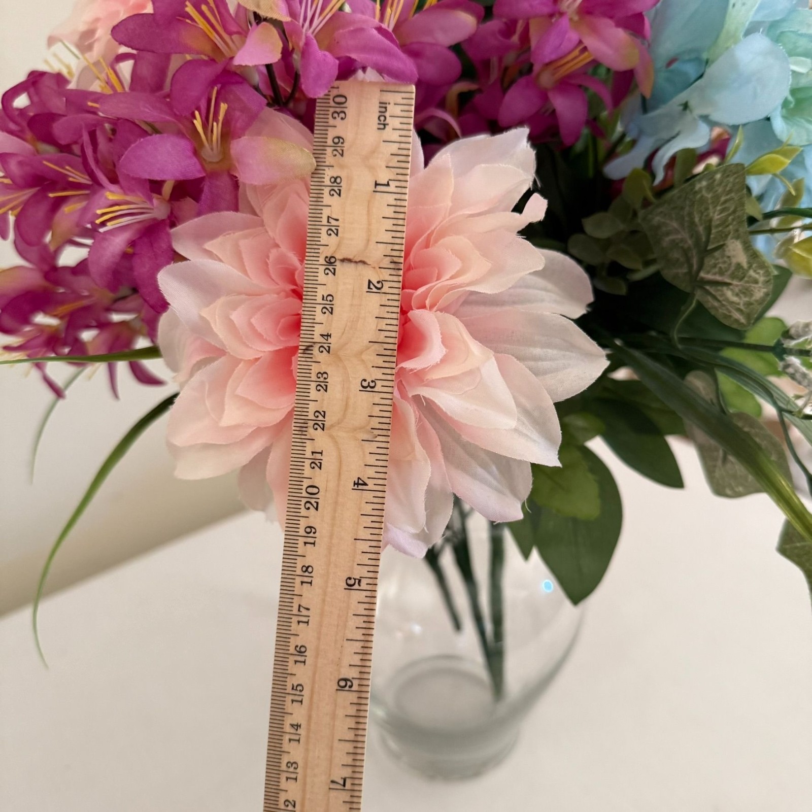 Upcycled Handcrafted Artificial Floral Arrangement Blue Green Pink Flowers OOAK