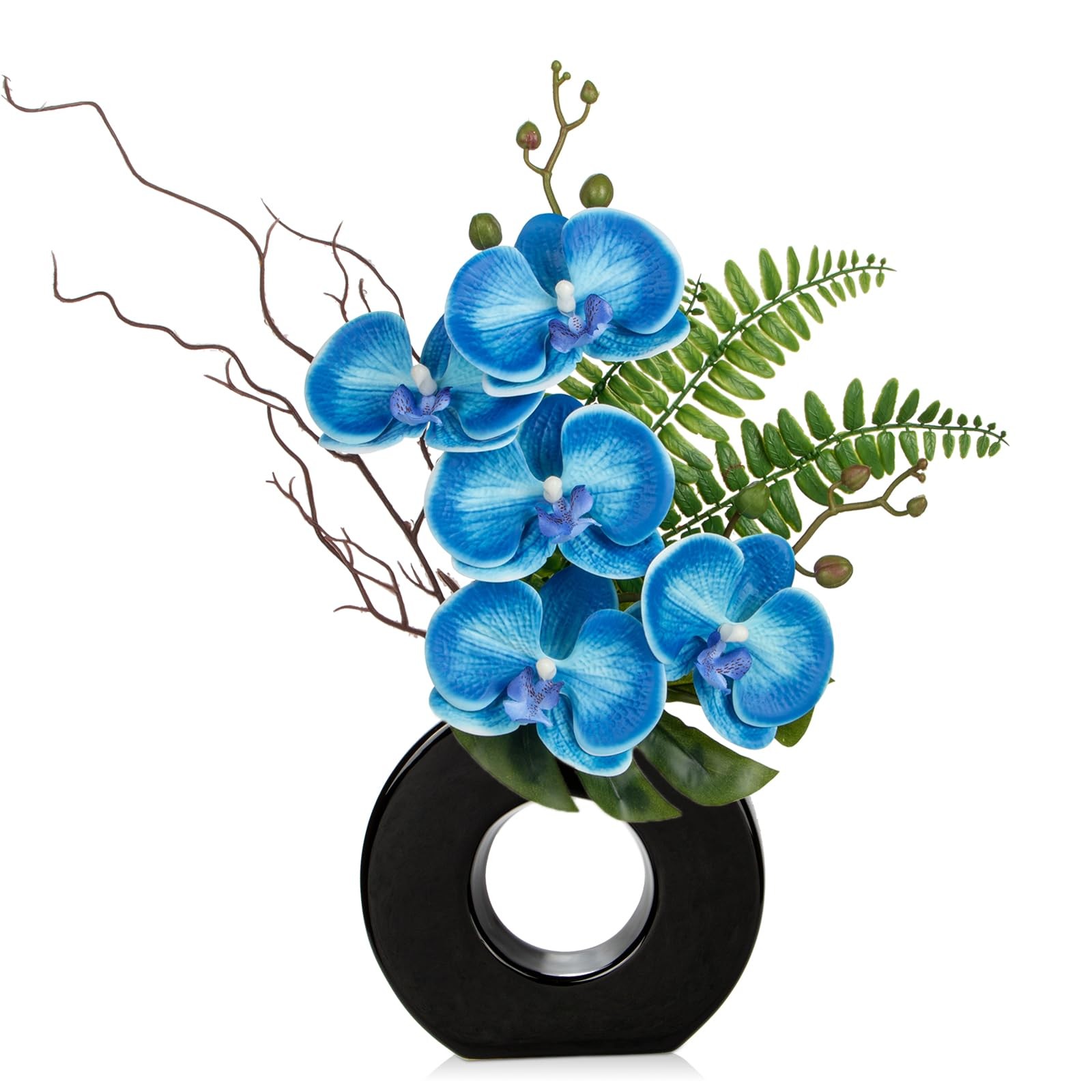 16.1 In Faux Blue Orchid Silk Artificial Flowers Arrangement Black Vase