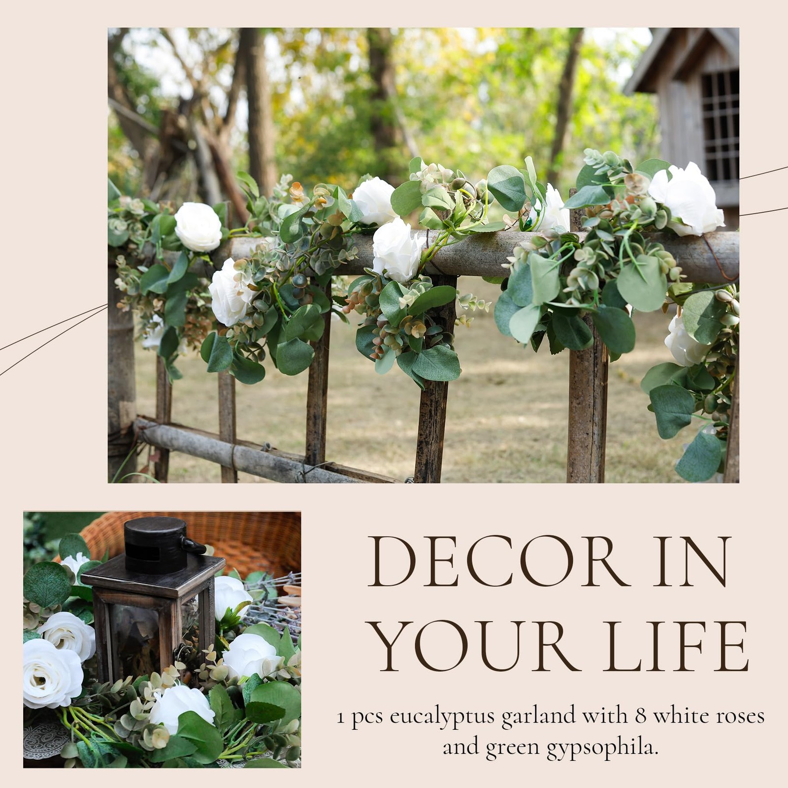 Der Rose 6.5FT Artificial Flower Garland, White Rose and Eucalyptus Floral Ga…