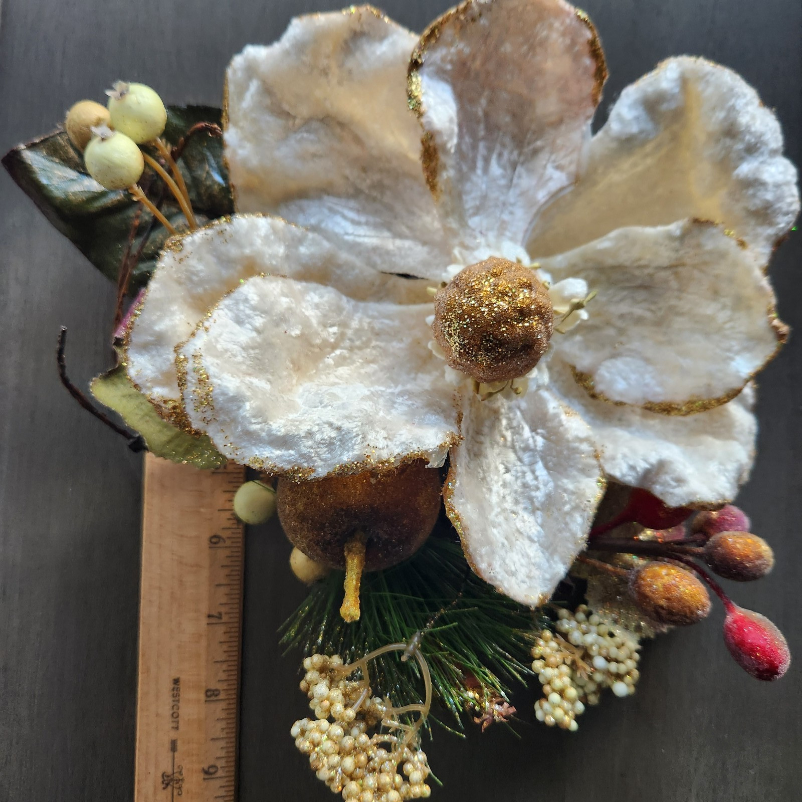 Set of 3 Gold Glittered Artificial Soft White Magnolia Sprays Fruit Berries
