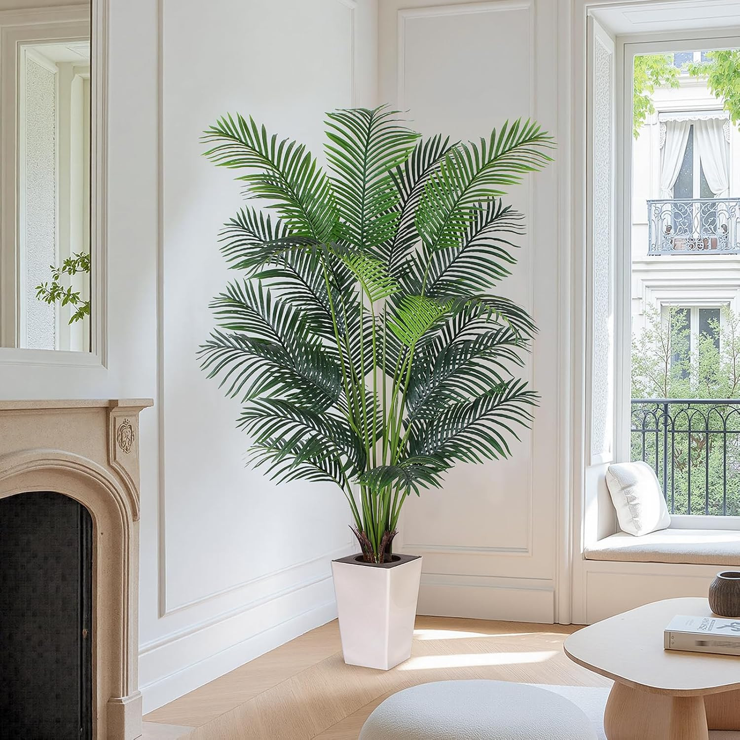 Artificial Palm Tree with White Tall Planter, 7Ft Tall Potted Artificial Silk Pa