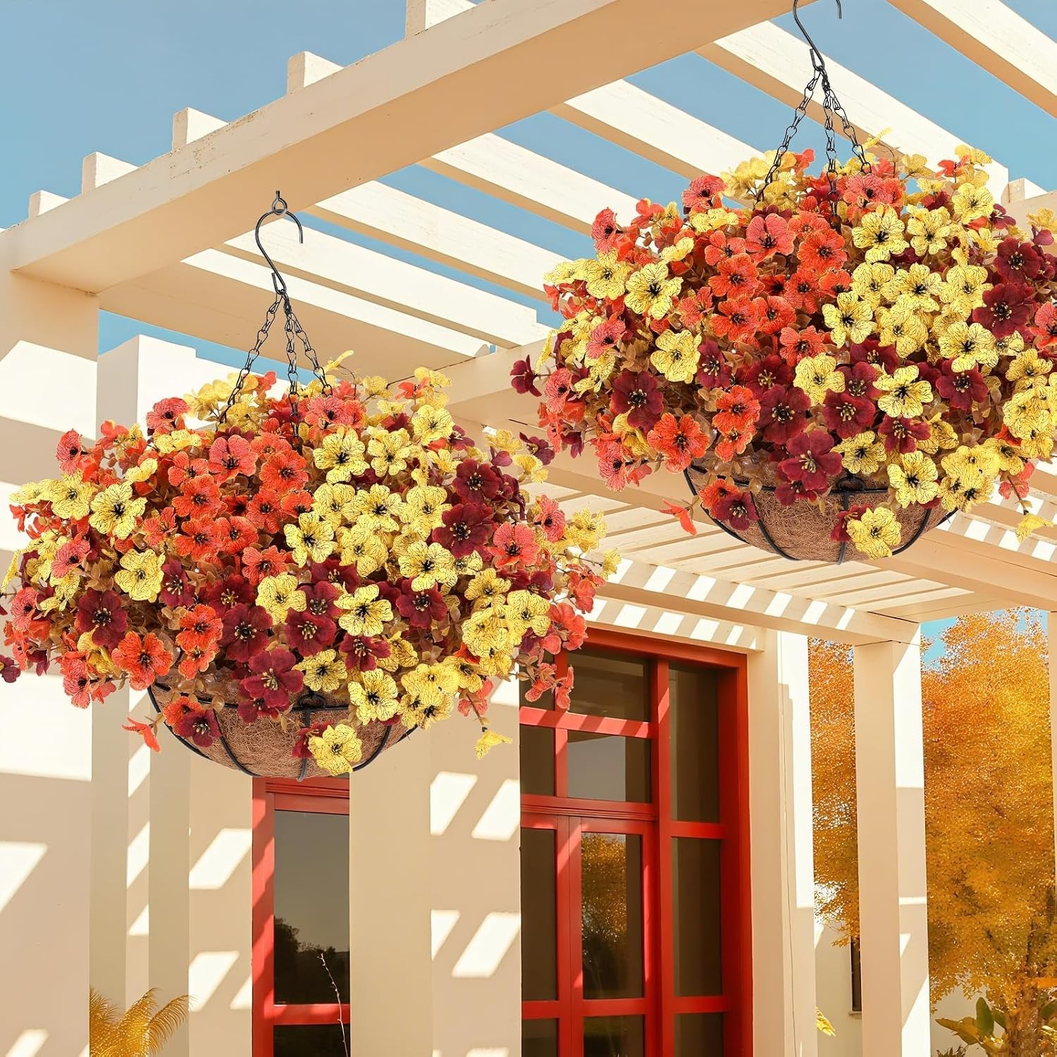 Mixed Color 2-Pack Artificial Hanging Baskets – Vibrant Fall Mums for Outdoors