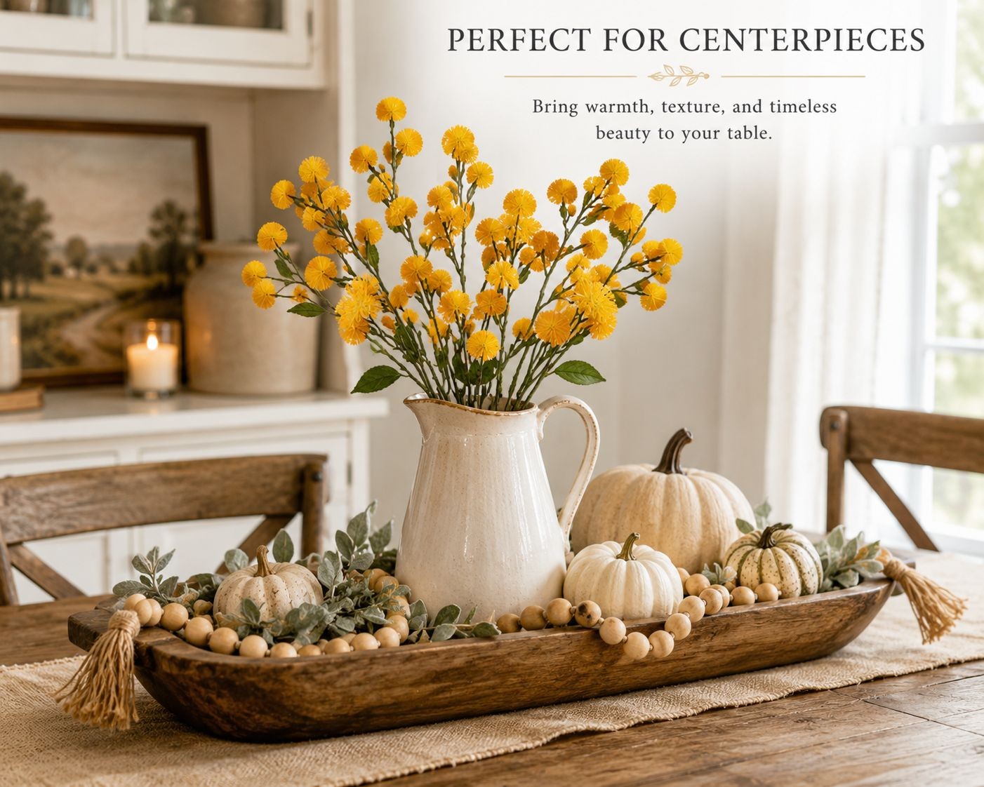 Yellow Faux Thistle Stems Set of 2, 20 Inch Artificial Wildflower Stems, Mustard