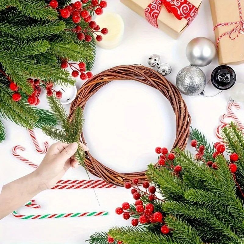 30Pcs Set Christmas Norfolk Artificial Pine Stems with Red Berry Real Touch Fas