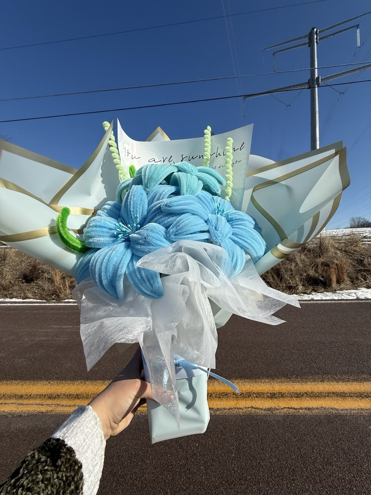 Allesbloomboutique Artificial Flower Bouquet Blue Green White Fabric Arrangement