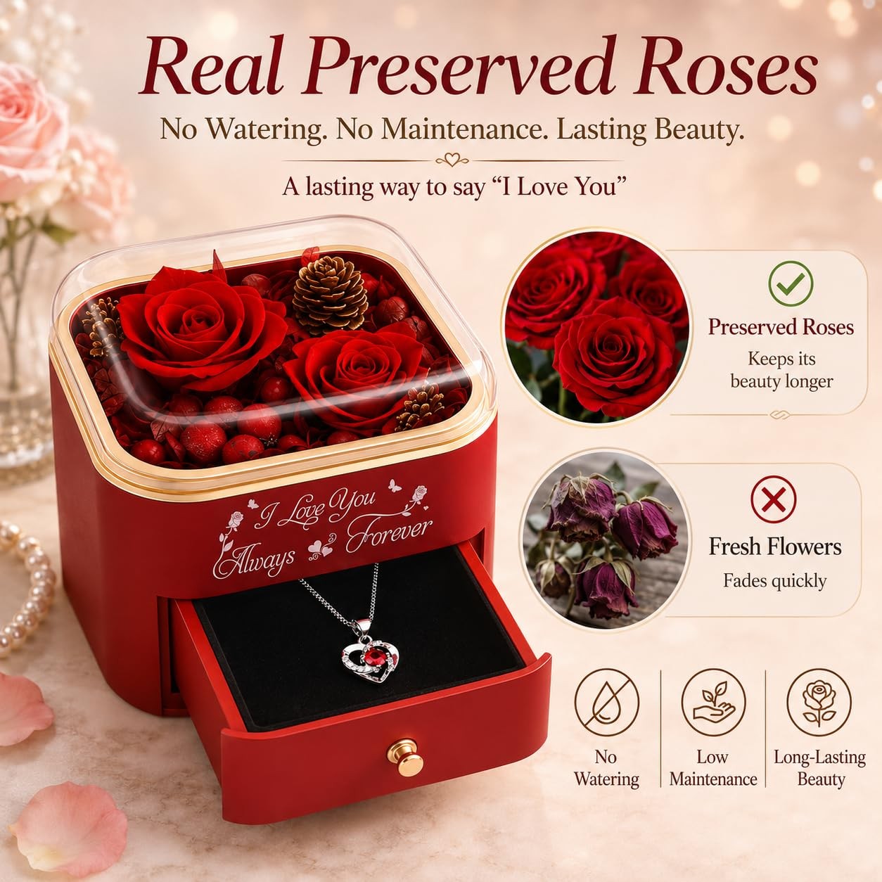 Forever Preserved Rose Gift Box with Hidden Necklace, Romantic Flower Jewelry…
