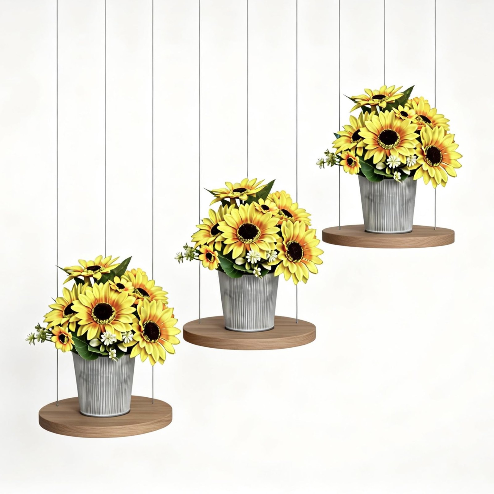 3-Pack Artificial Sunflower Arrangement in Galvanized Metal Pot, Faux Sunflow…
