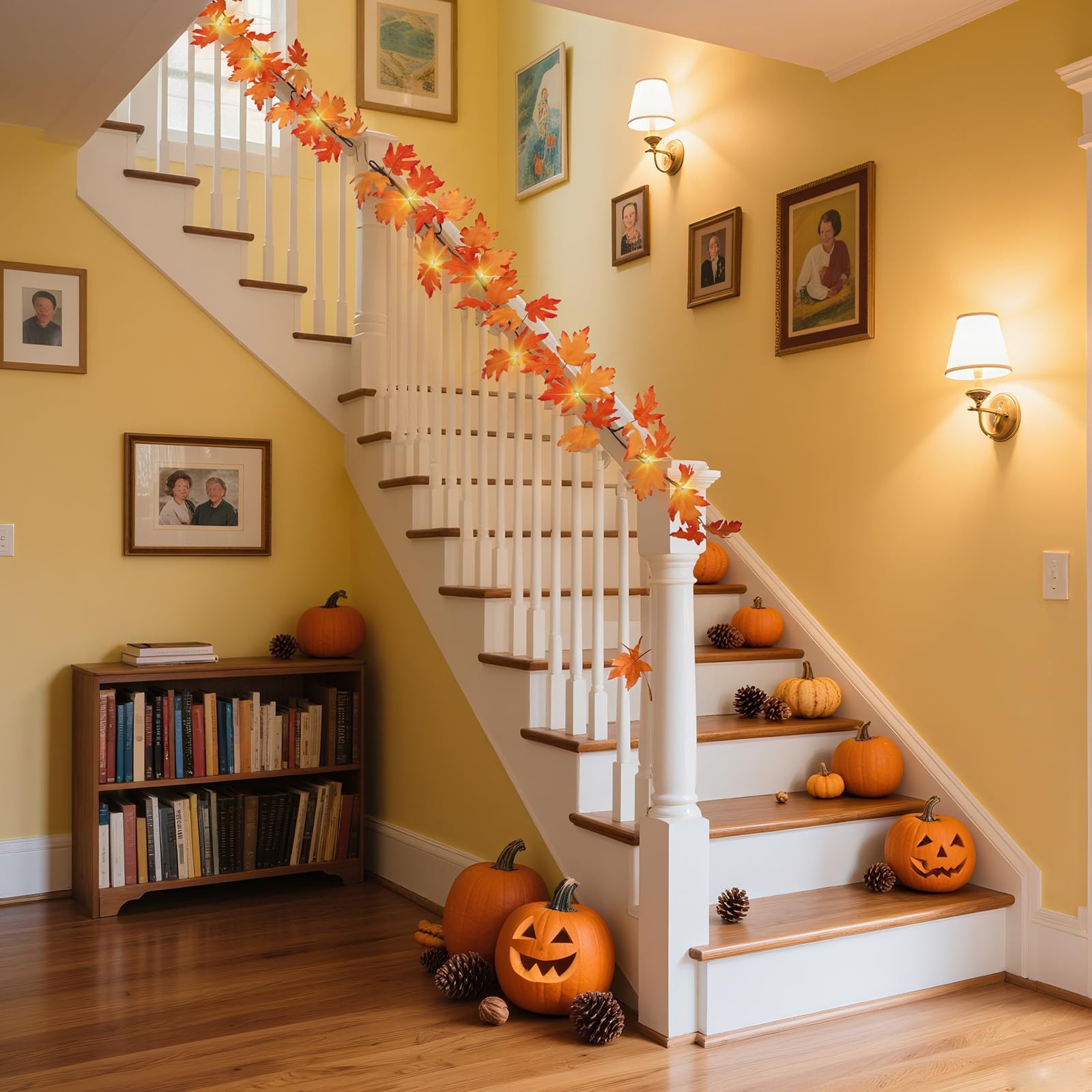 6FT Fall Maple Leaf Garland with 24 LED Lights Outdoor Fall Halloween Thanksg…