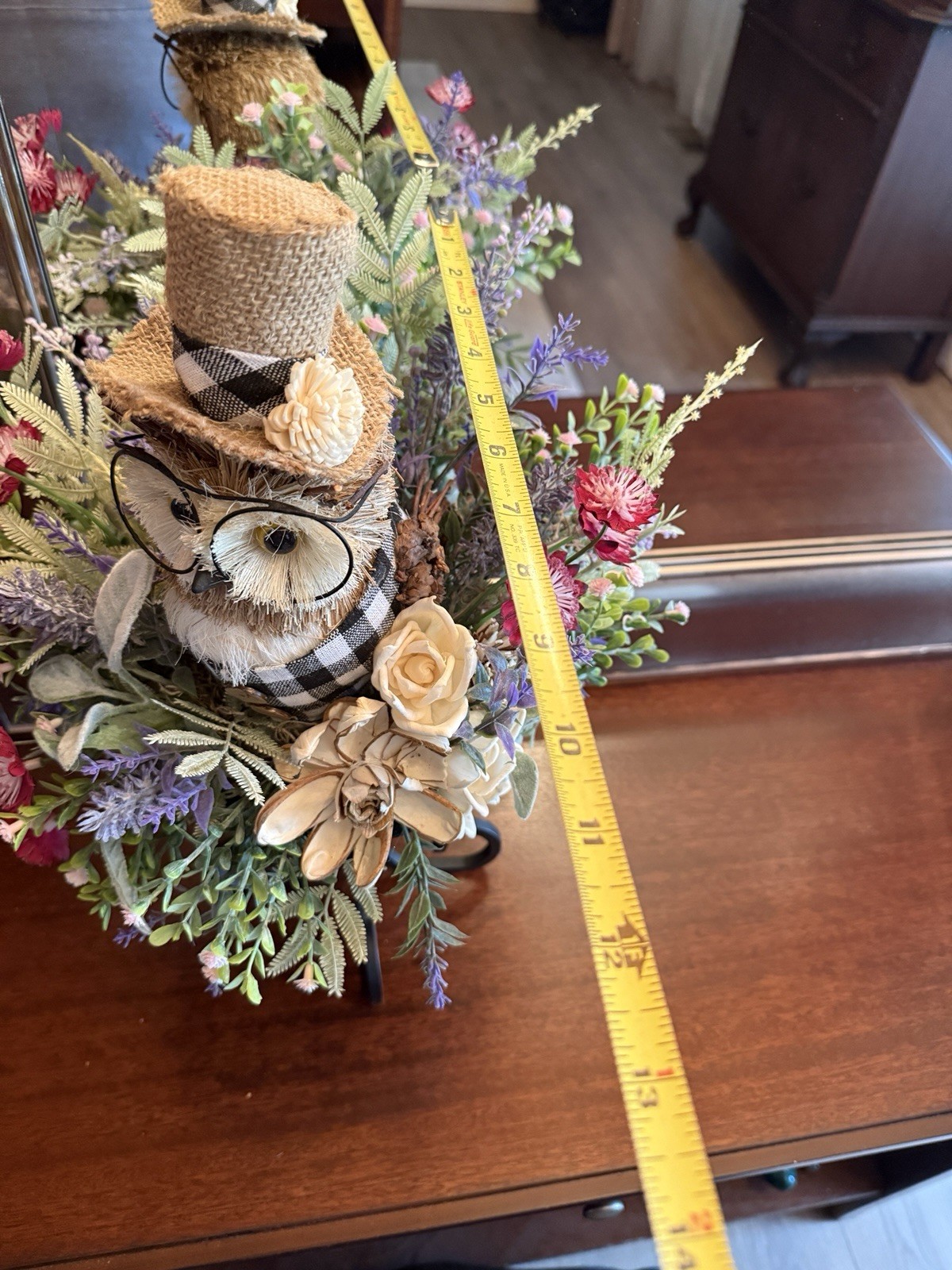 Handmade Whimsical Straw Owl Floral Arrangement Centerpiece Rustic Scroll Stand