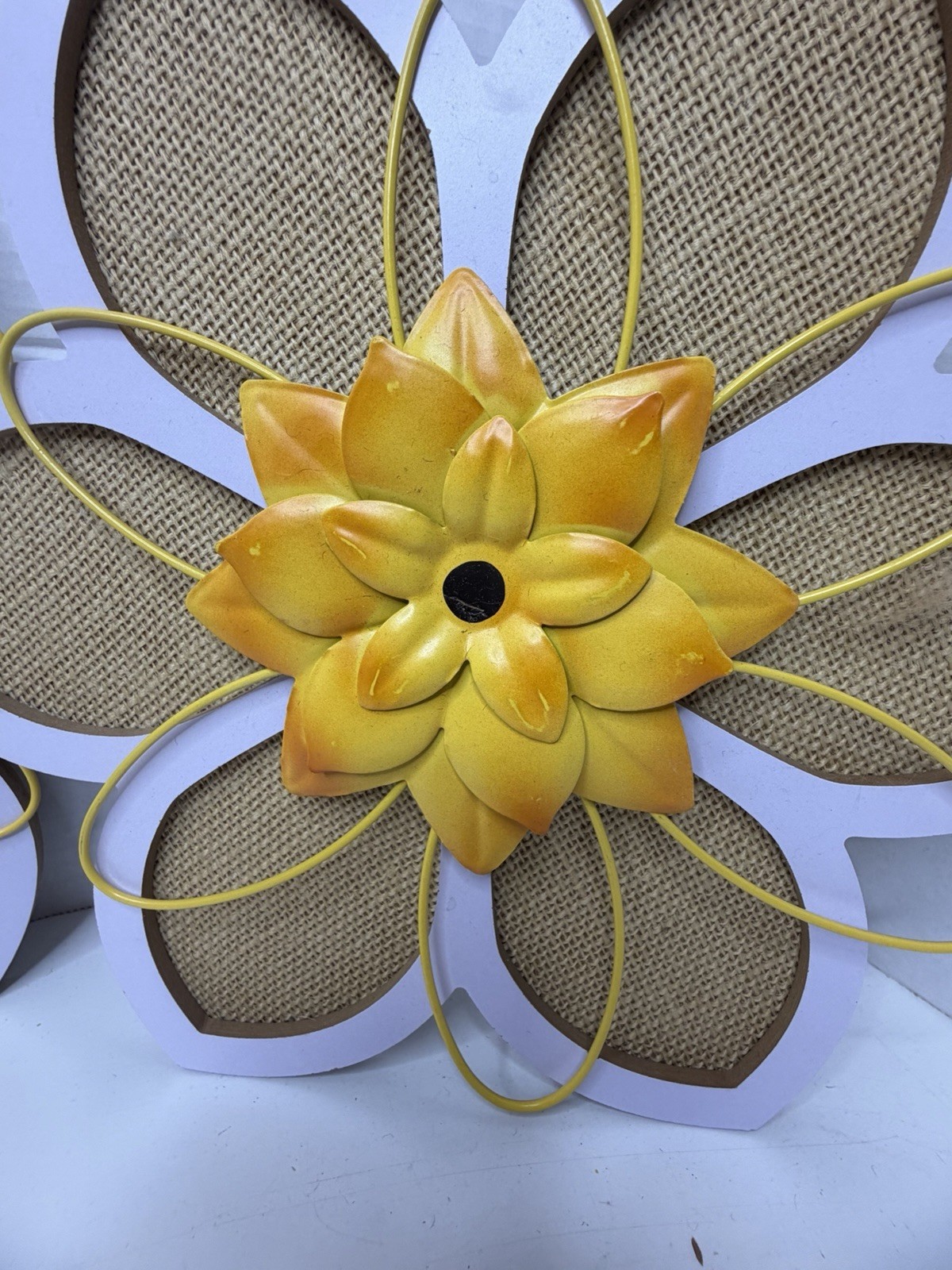 3 Wood Burlap & Metal 3D Flowers Decor Hanging 12” Wall Home Decor Wall Hanger