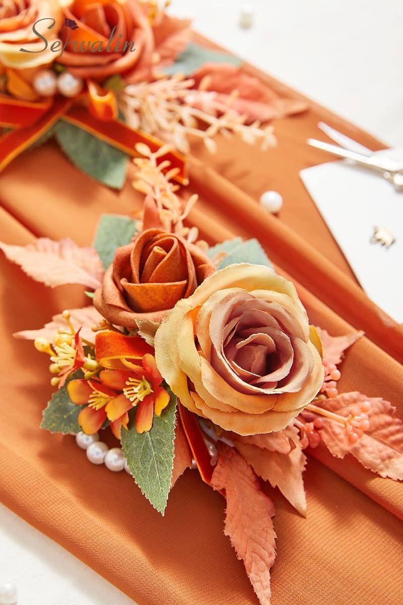 2 PCS Orange 6-7 Inch Wrist Corsage Boutonniere Set Wedding Prom Ceremony