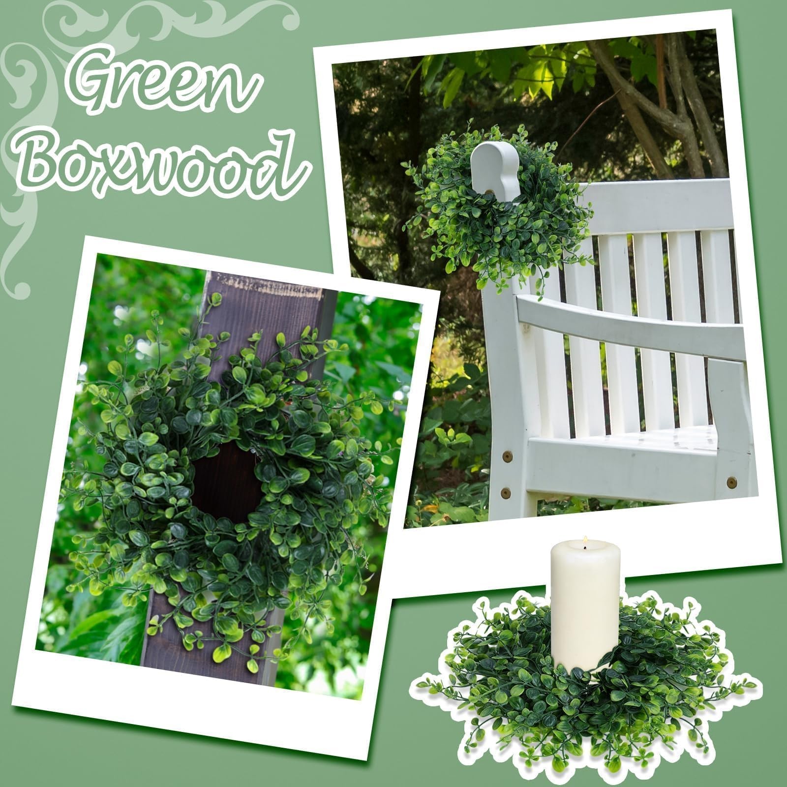 4 PCS 3 Inch Candle Rings Wreaths Pillars Mini Green Boxwood Wedding Decor