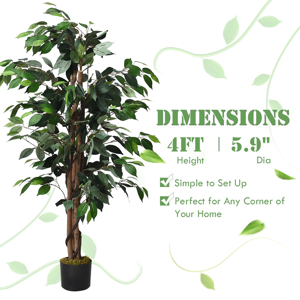 4 Feet Artificial Ficus Silk Tree Wood Trunks Christmas In/Outdoor Home Décor