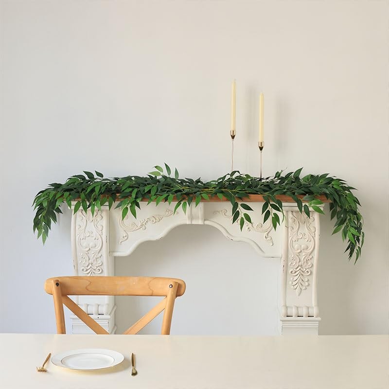 3 Strands Italian Ruscus Artificial Vines, 39″ Silk Vine Garland with Green L…