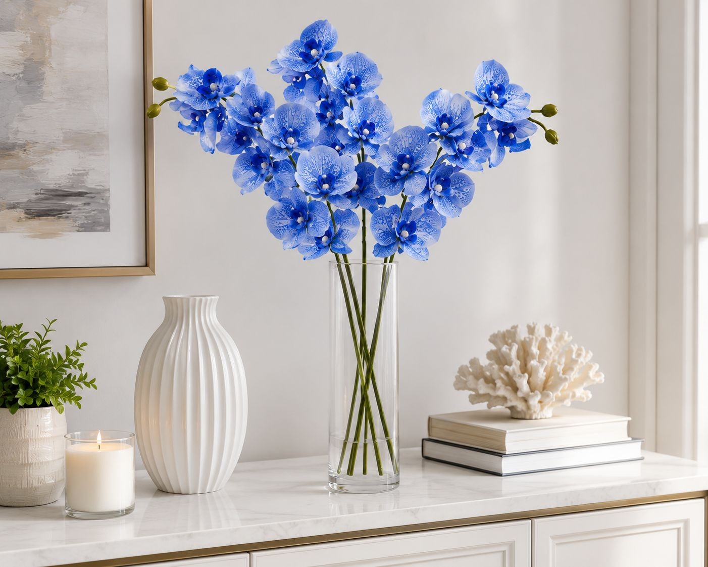 Artificial Silk Blue Orchid Stem 25 Inch Faux Phalaenopsis Flower Wedding Center