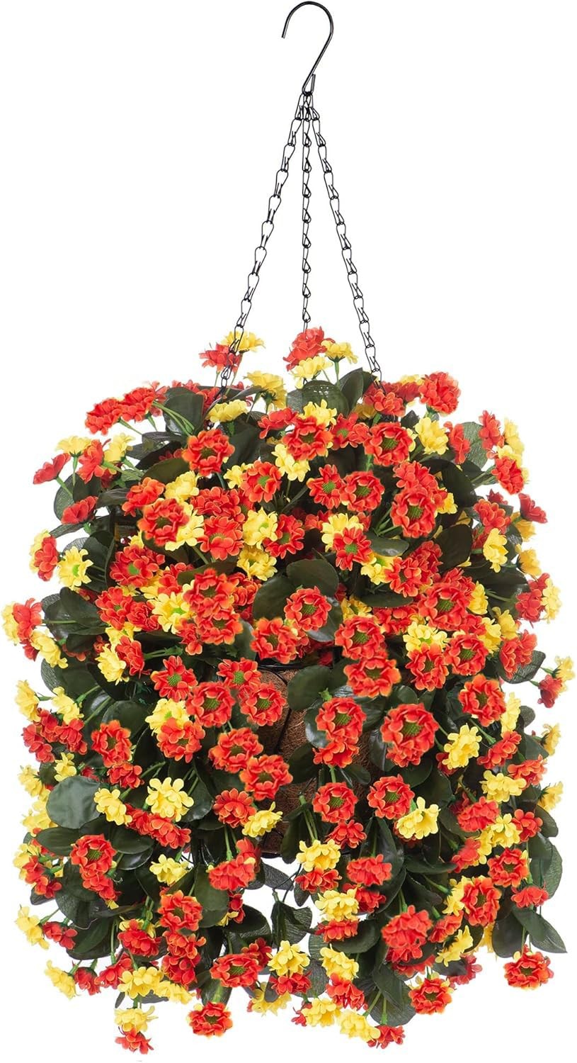 Artificial Flowers in Hanging Basket for Outdoors Spring Decor, Fake Mums Flo…