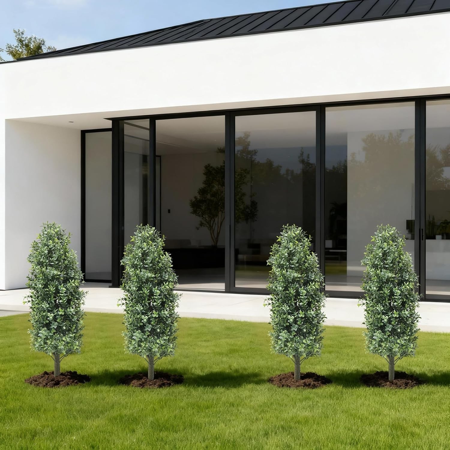 Set of 2 Faux Boxwood Plants: UV Resistant Outdoor Topiary with Ground Spikes