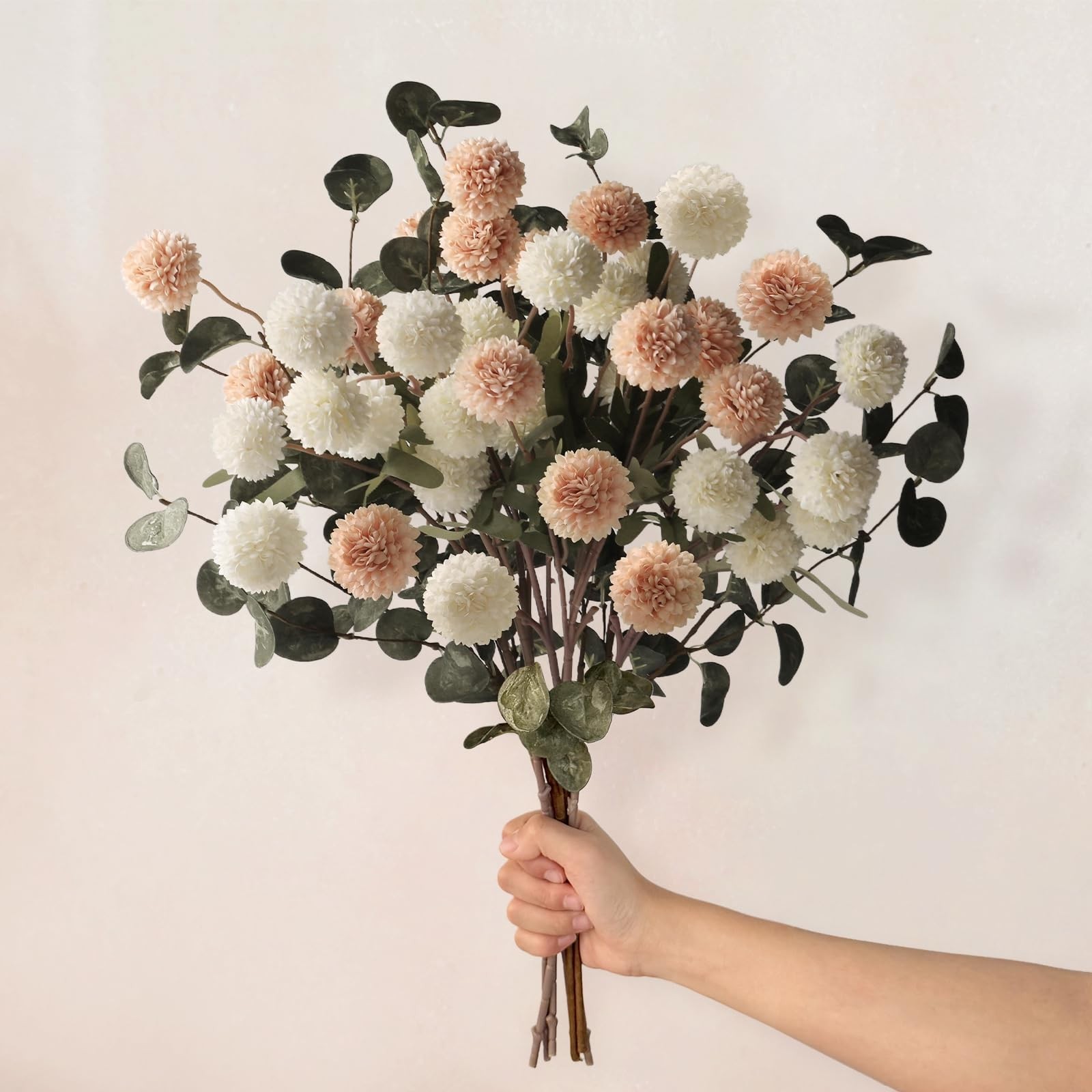 7pcs Beige Ivory Faux Silk Mums + Eucalyptus Artificial Flowers for Vase 20″,…