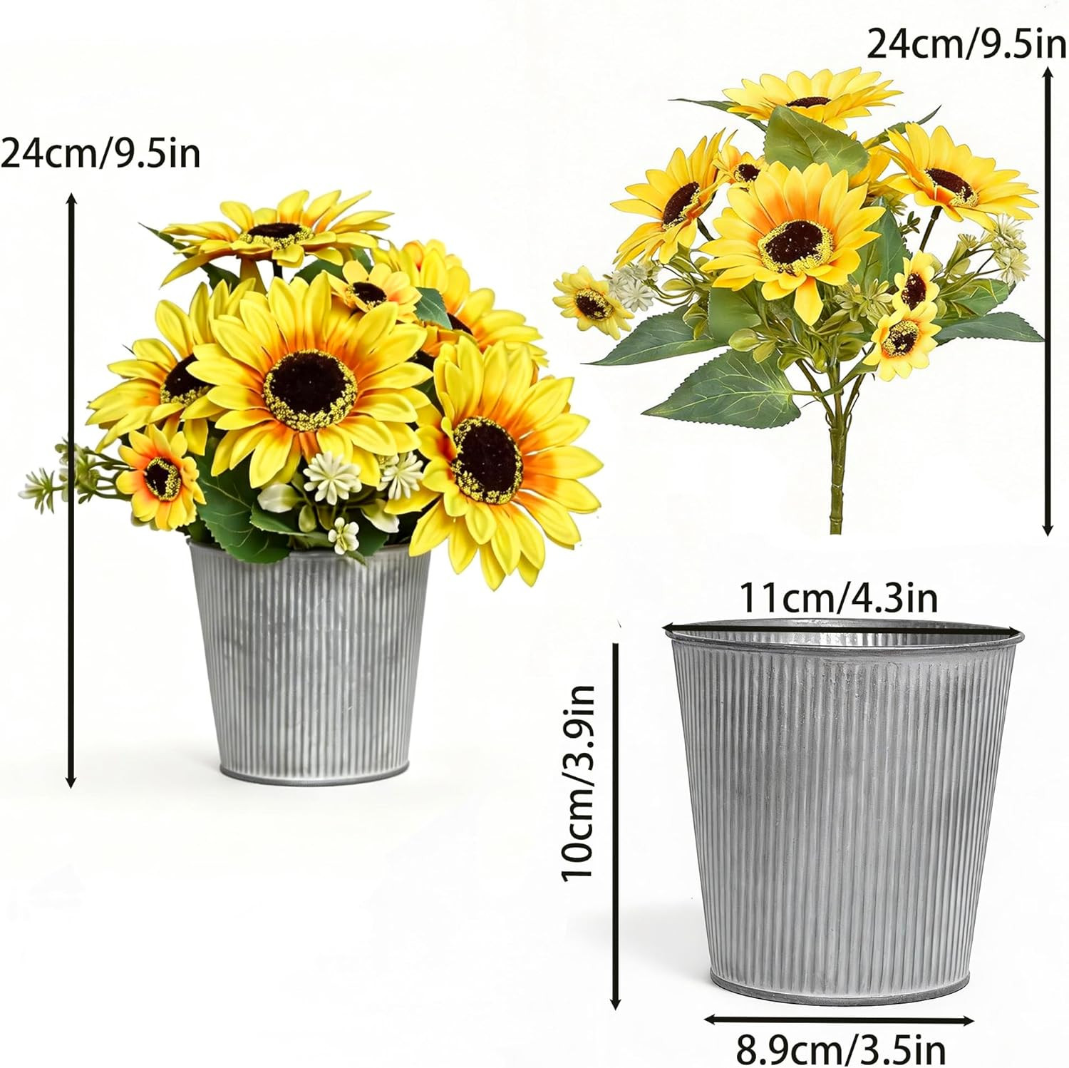 3-Pack Artificial Sunflower Arrangement in Galvanized Metal Pot, Faux Sunflower