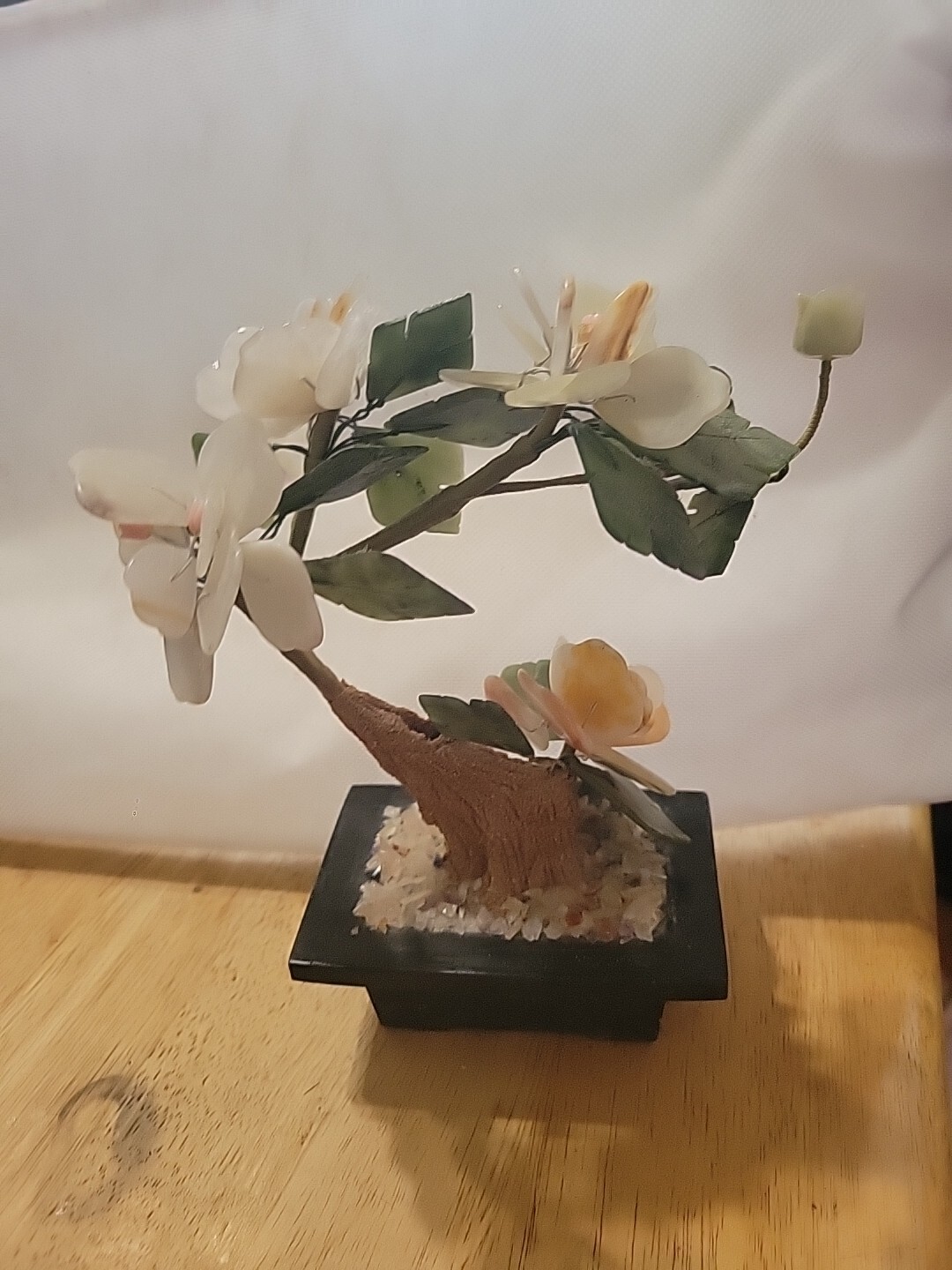 VTG MCM Bonsai Shell Flower Tabletop Tree Marble Agate Base Blossoms 9” Asian