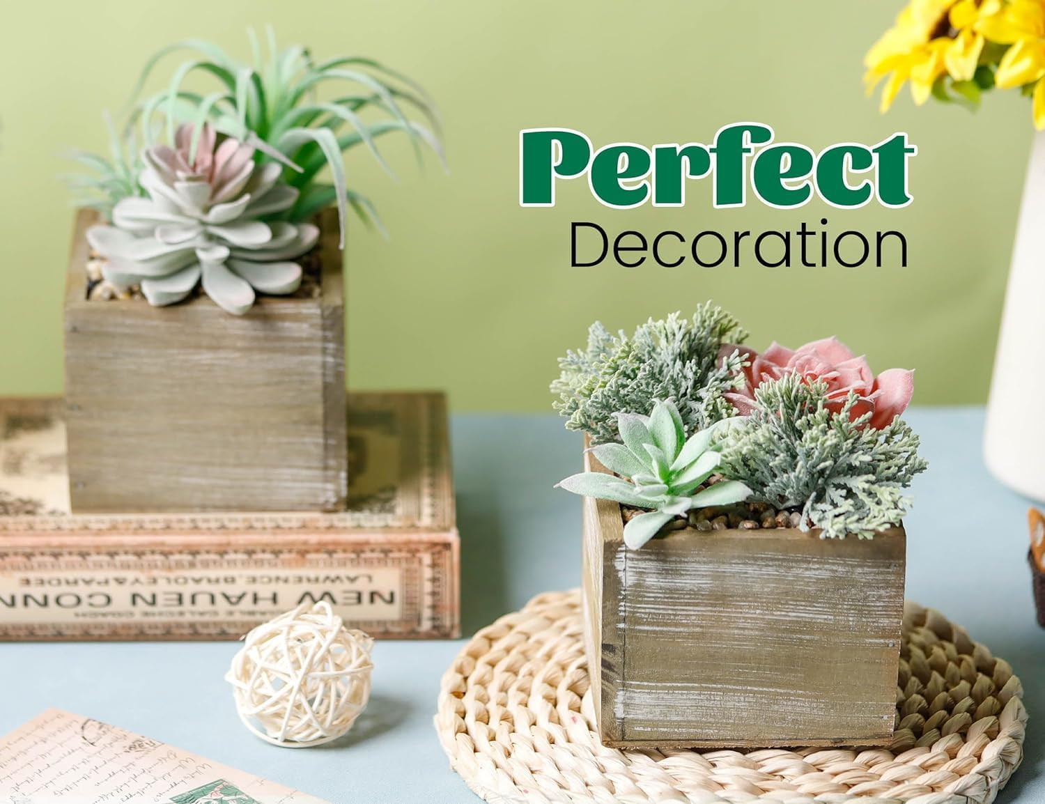 2 Pack Fake Plants Succulents Plants Artificial Cactus Plants in Wood Pots with