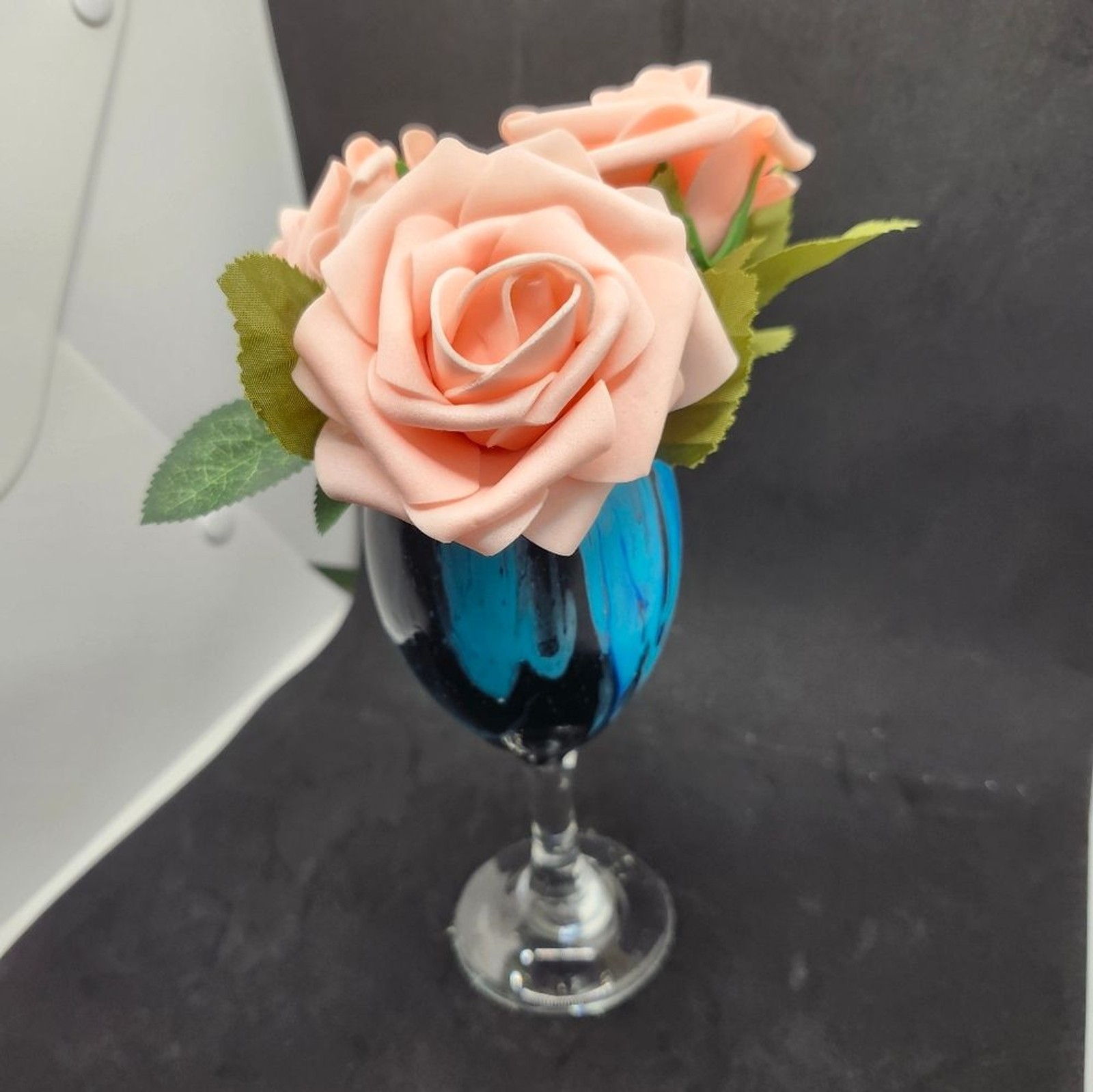 Hand Crafted Floral Table Centerpiece Summer Peach Roses Flower Wine Glass
