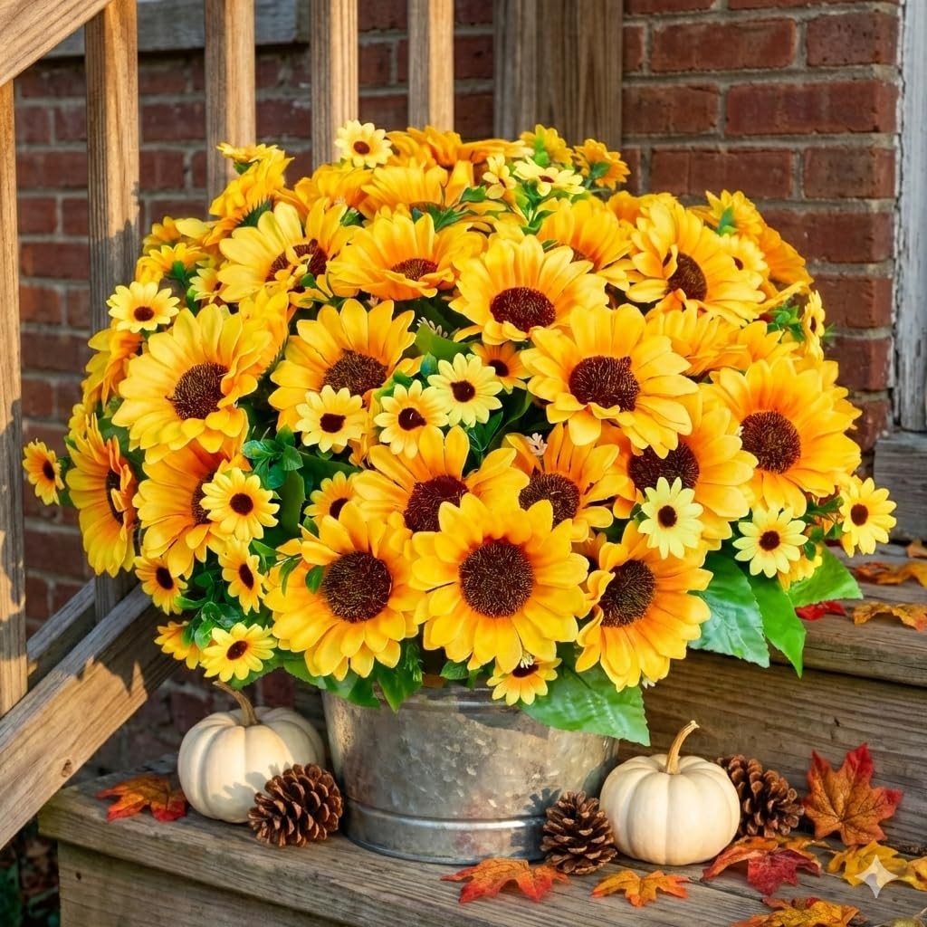 Realistic UV-Resistant Artificial Sunflowers – 6 Silk Bouquets, 78 Lifelike F…