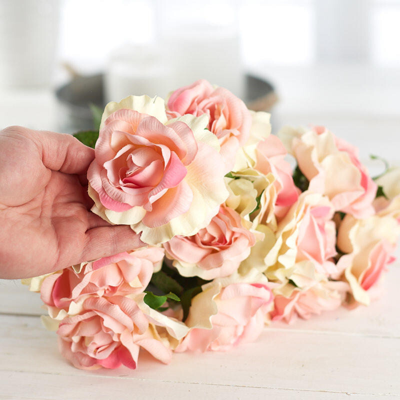 1 Dozen Cream and Pink Artificial Open Rose 25″ Stems