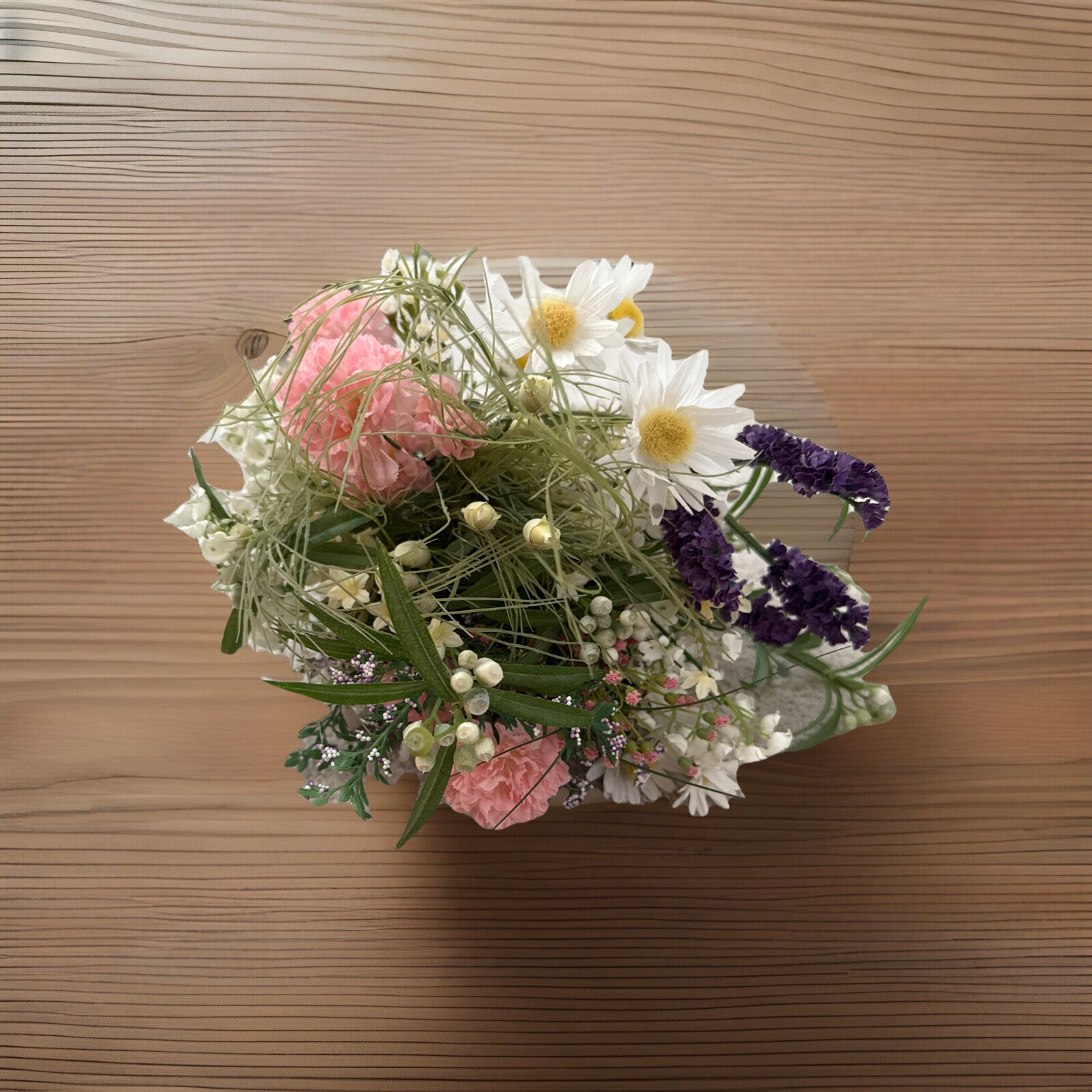 Floral Arrangement Bouquet Flowers Pink Purple White Yellow Green Rustic Wild
