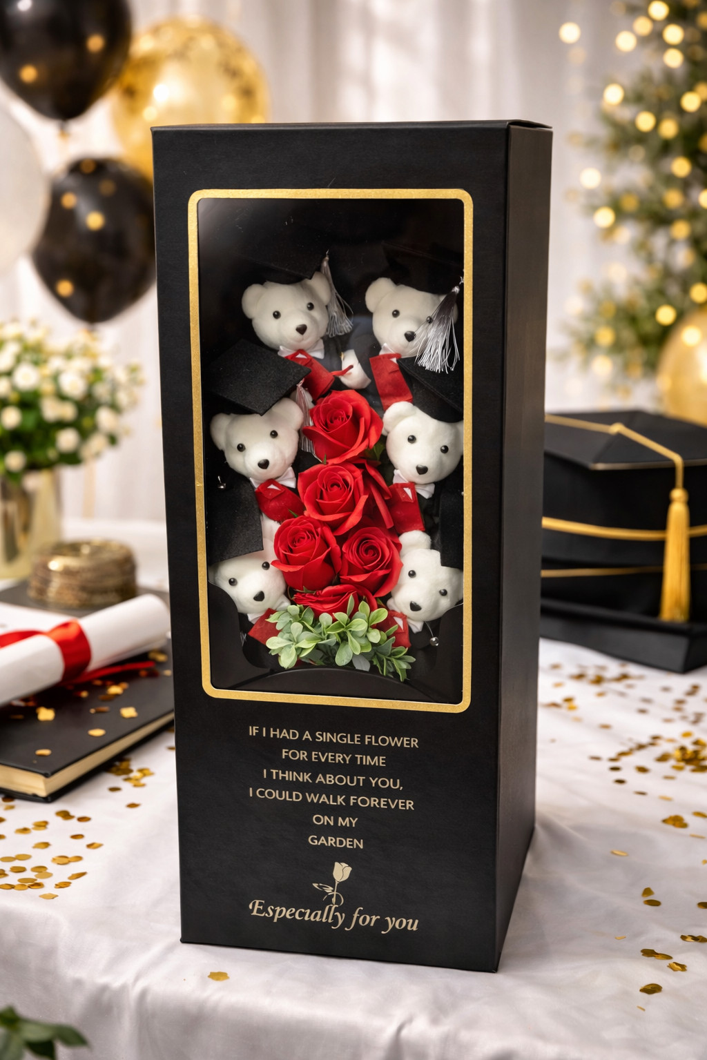 Graduation Teddy Bear Rose Bouquet with Silver Tassel Elegant Keepsake Gift