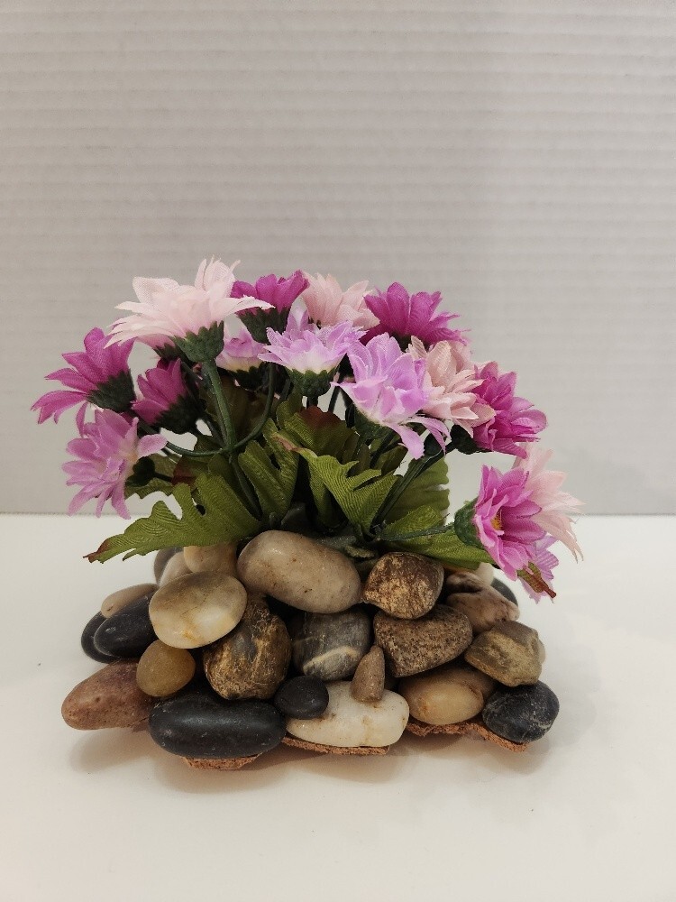 Touch of Spring, Lovely Pink/Violet Silk Flowers on a Bed of Polished Stones