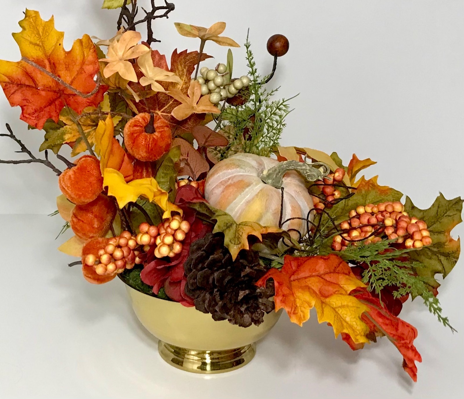 MODERN FALL HARVEST ARRANGEMENT BRASS CONTAINER THANKSGIVING CENTERPIECE TABLE