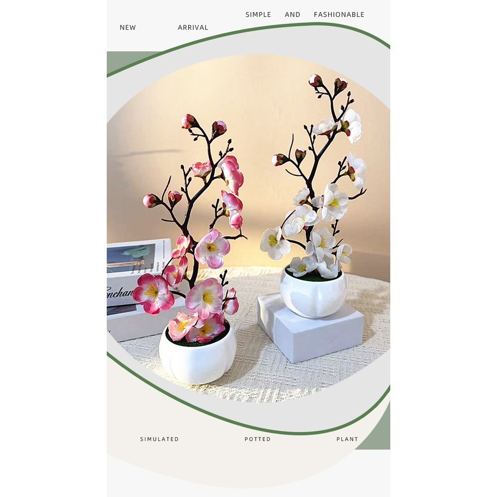 Artificial Plum Blossom Bonsai in White Cup for Living Room Bedroom Decor