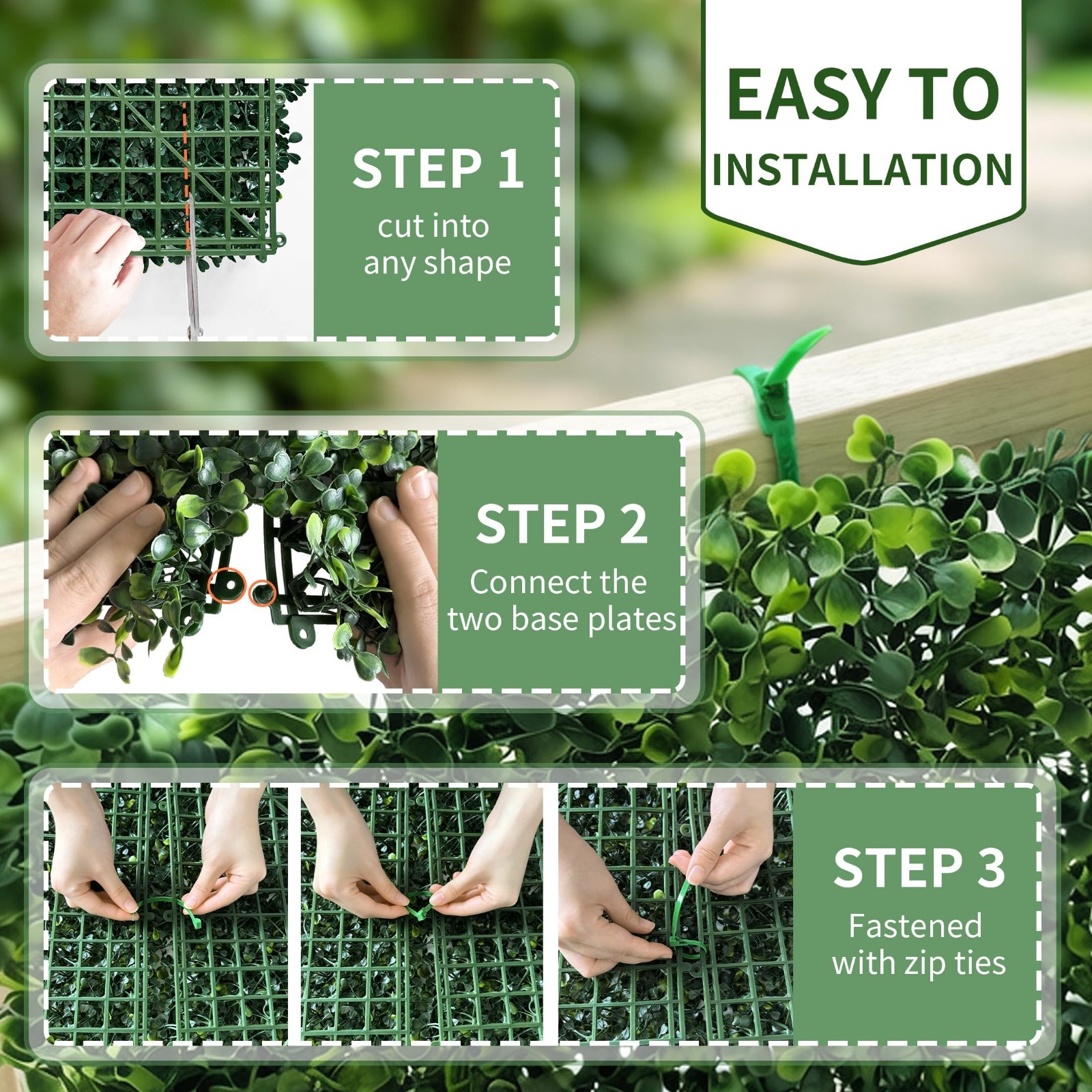 12 Pack 10″x10″ UV-Resistant Faux Boxwood Grass Wall Panels for Indoor/Outdoor D