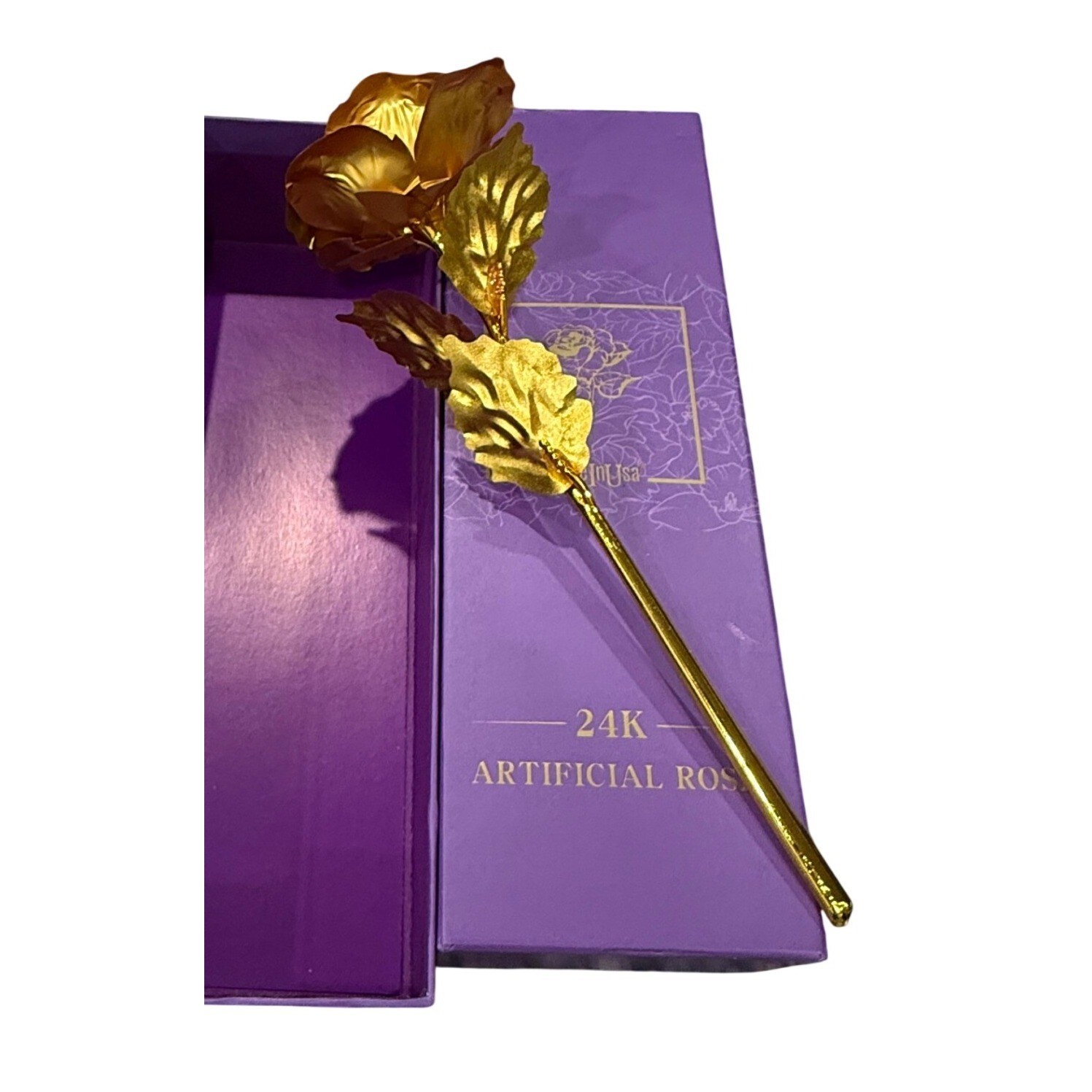 LoveInUSA 24K Artificial Gold Rose Metallic Flower with Purple Gift Box Decor