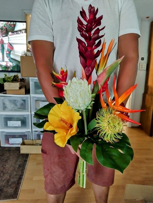 Artificial tropical floral vase arrangement