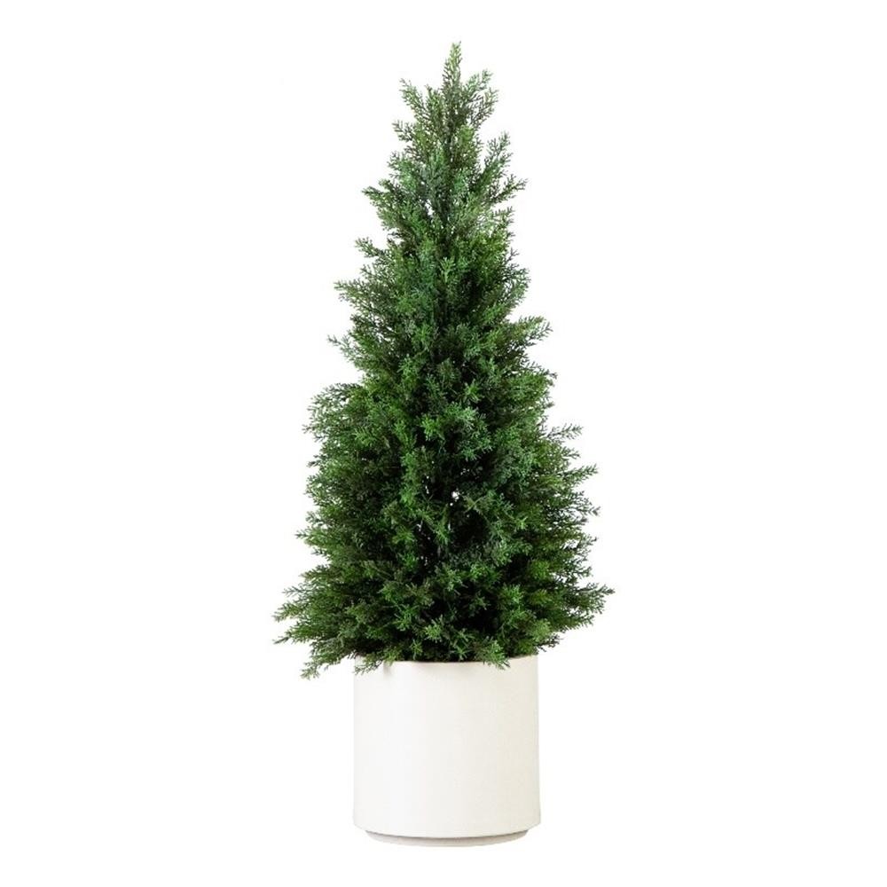 Nearly Natural 3ft UV Resistant Cedar Tree in White Planter in Green