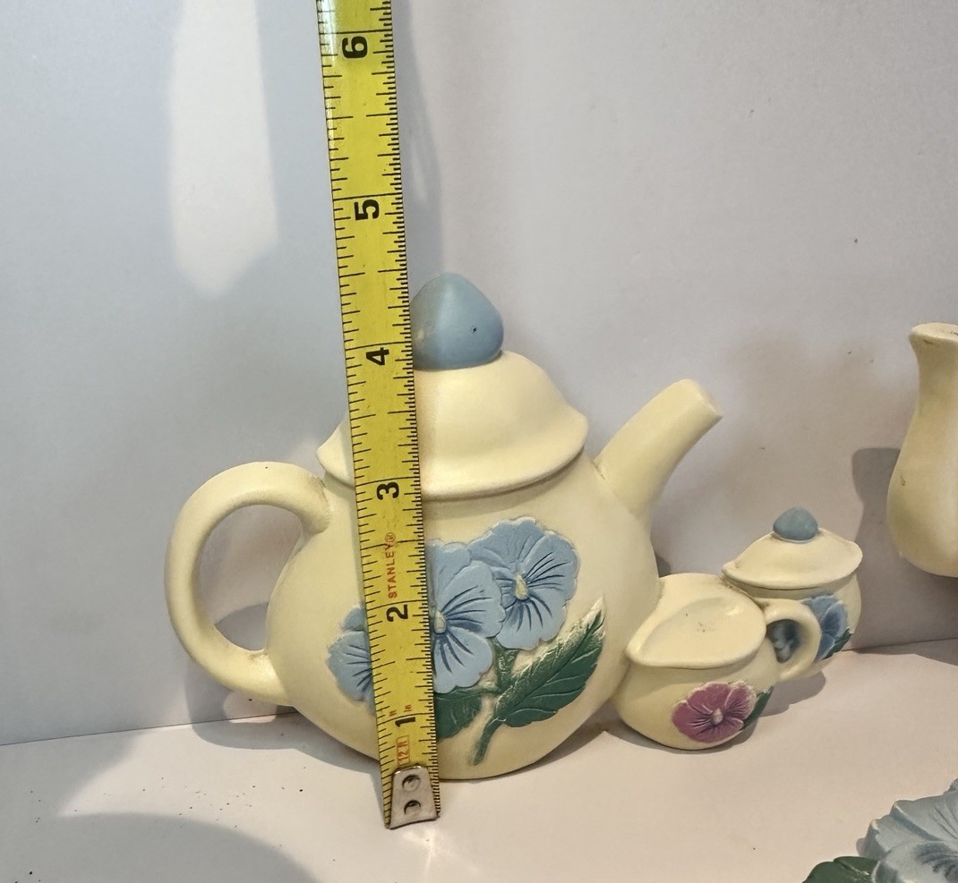 Vintage Burwood Pansy Flower & Teapot Wall Hanging Plaques Set (3)