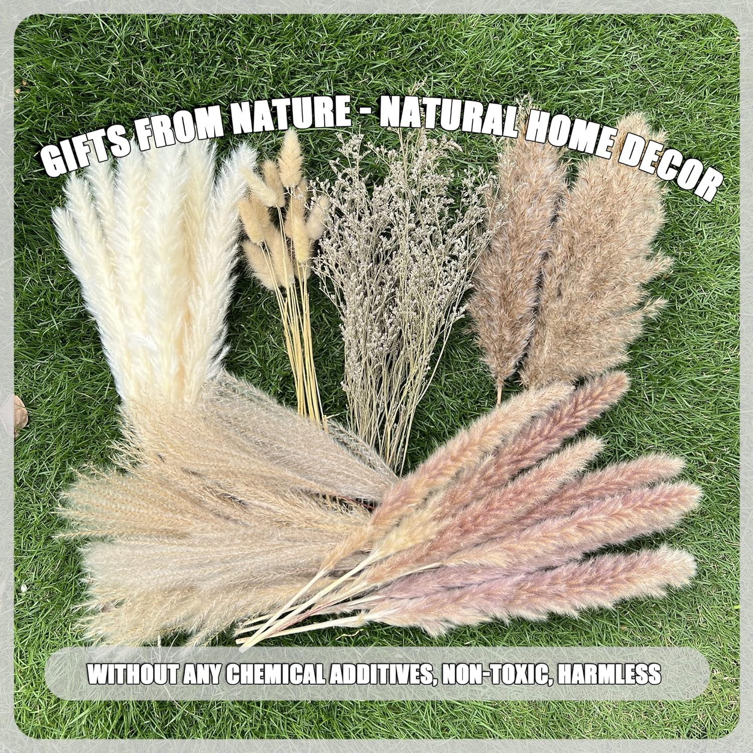 100Pcs Pampas Grass Boho Home Decor 17 inch 100, Off-white,beige,brown,grey