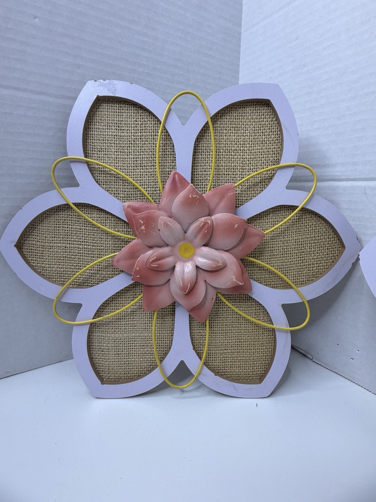 3 Wood Burlap & Metal 3D Flowers Decor Hanging 12” Wall Home Decor Wall Hanger