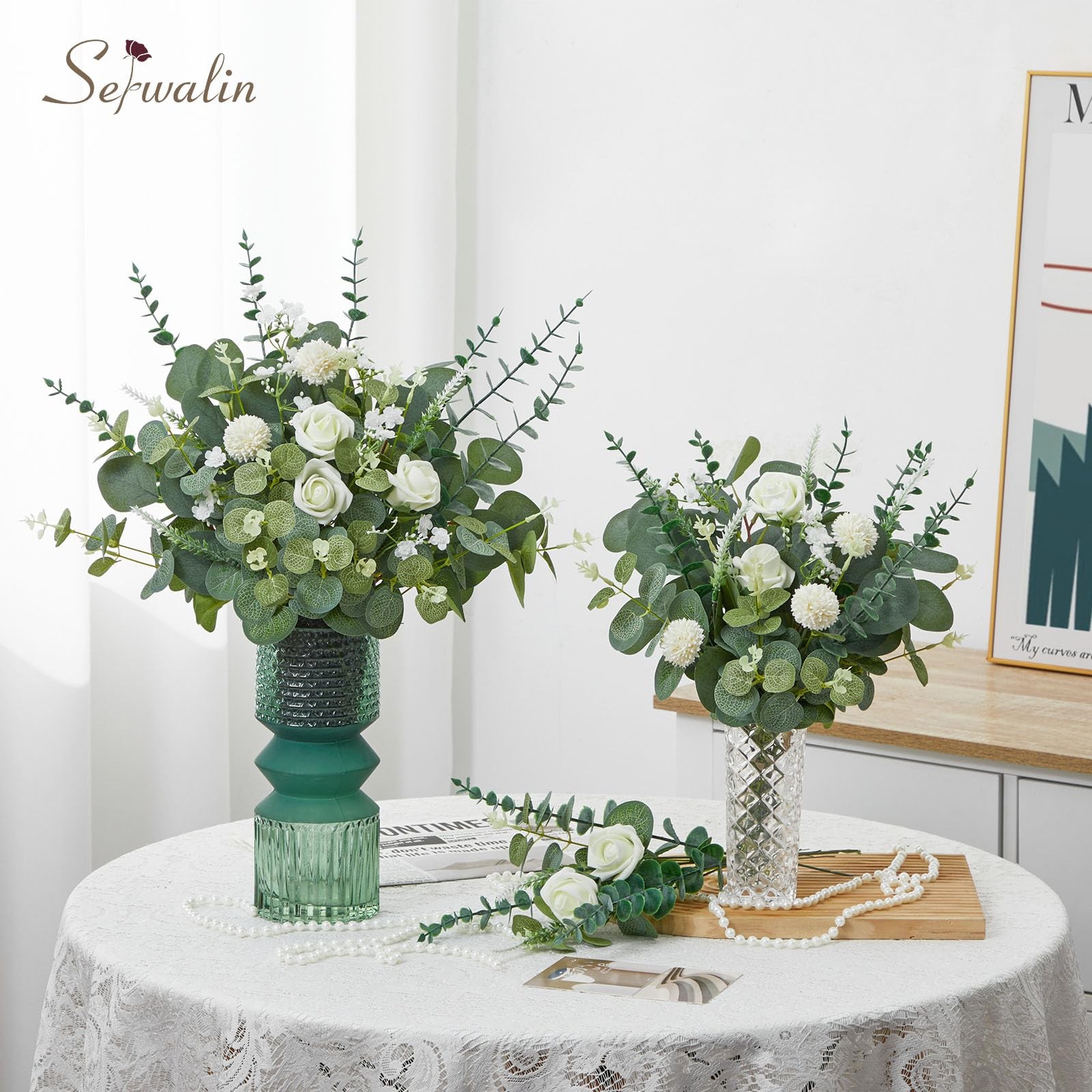 100 Pcs 7 Kinds Mixed Artificial Eucalyptus Leaves Stems Bulk with Flowers Fa…